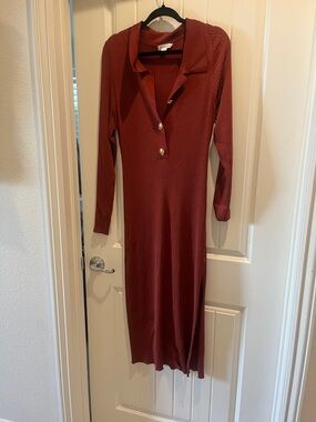 Good American Ribbed Long Sleeve Collared Midi Dress in Rust